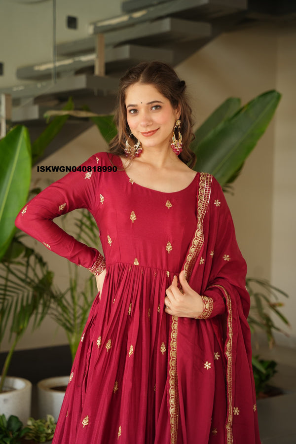 Embroidered Chinon Silk Gown With Dupatta-ISKWGN040818990