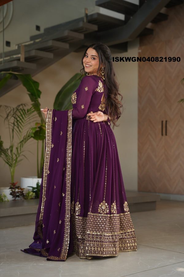 Embroidered Georgette Gown With Dupatta-ISKWGN040821990