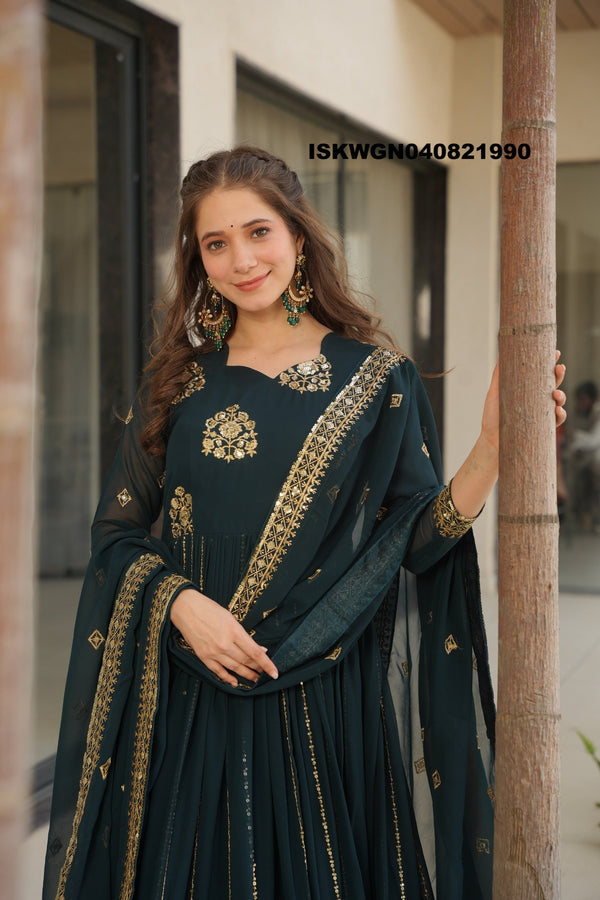 Embroidered Georgette Gown With Dupatta-ISKWGN040821990