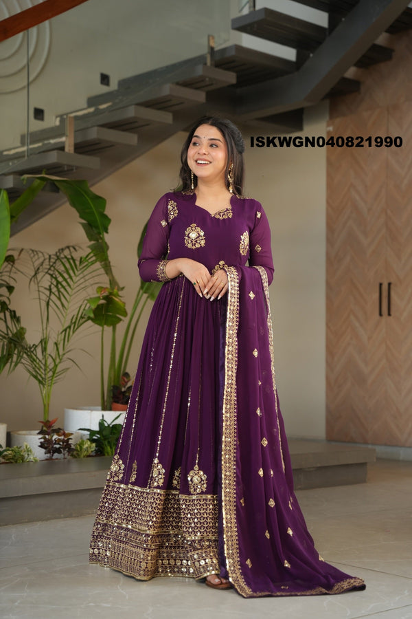 Embroidered Georgette Gown With Dupatta-ISKWGN040821990