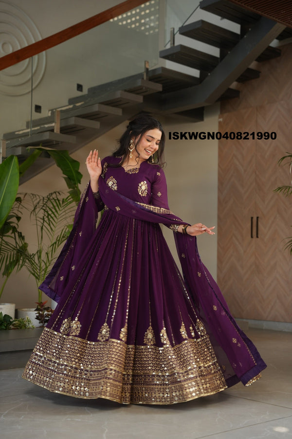 Embroidered Georgette Gown With Dupatta-ISKWGN040821990