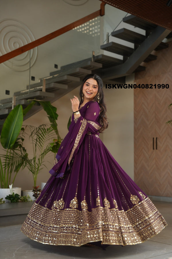 Embroidered Georgette Gown With Dupatta-ISKWGN040821990