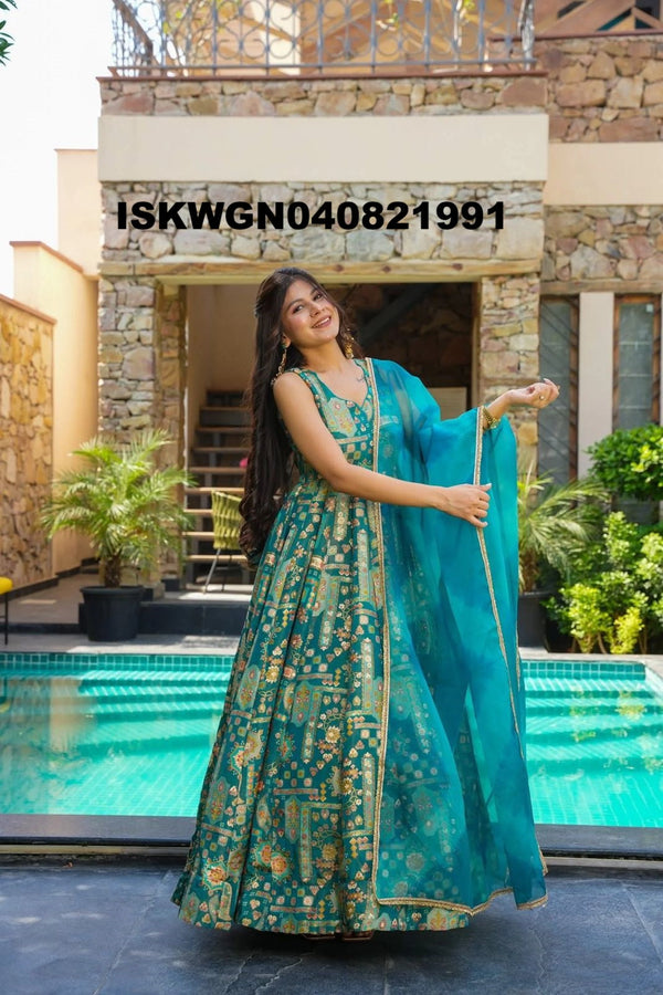Digital Printed Organza Silk Gown With Organza Dupatta-ISKWGN040821991