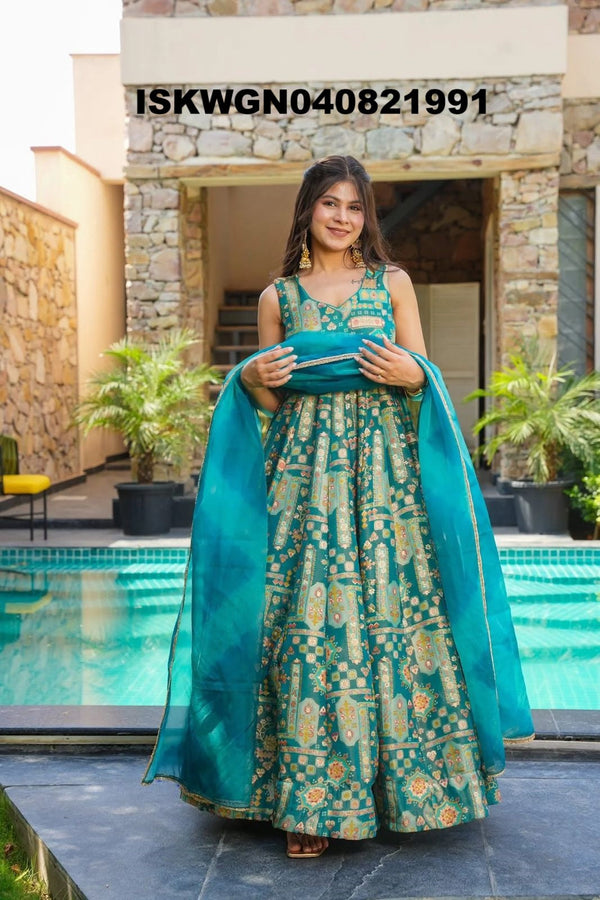 Digital Printed Organza Silk Gown With Organza Dupatta-ISKWGN040821991