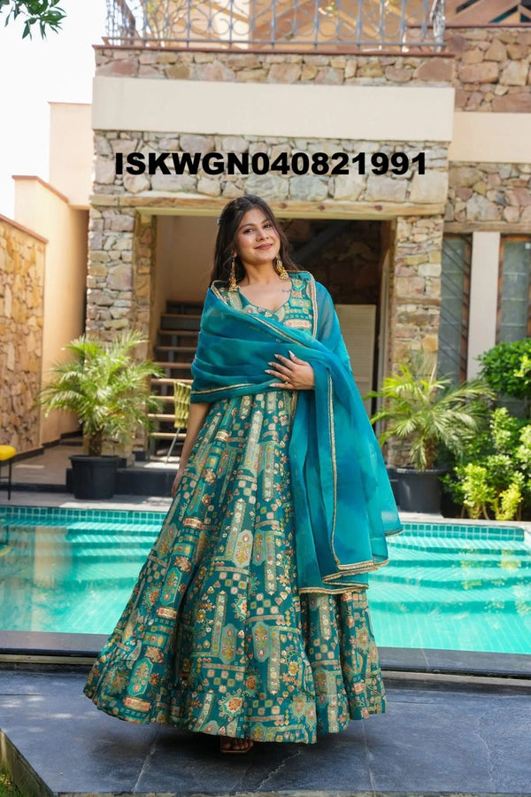 Digital Printed Organza Silk Gown With Organza Dupatta-ISKWGN040821991