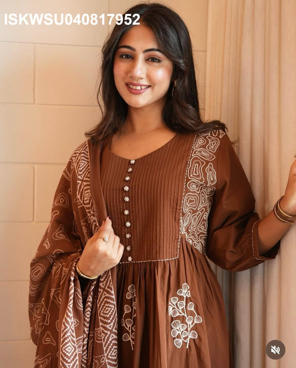 Embroidered Cotton Anarkali Kurti With Pant And Printed Dupatta-ISKWSU040817952