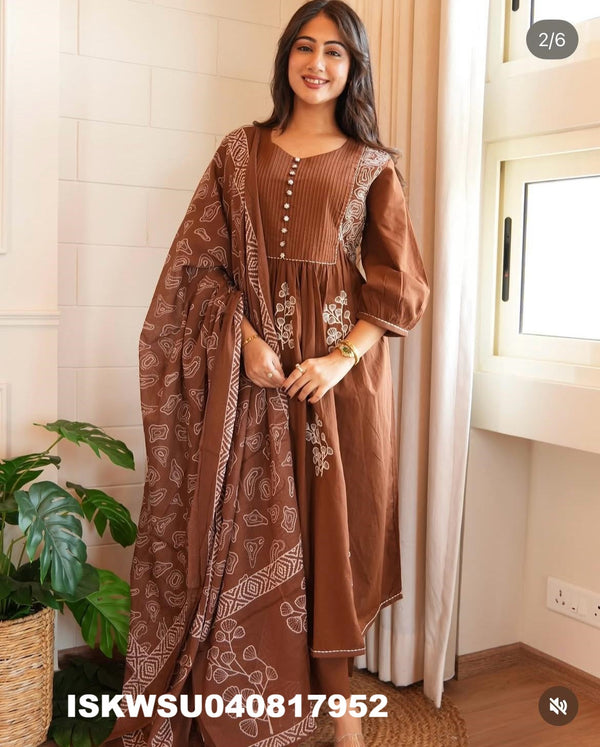 Embroidered Cotton Anarkali Kurti With Pant And Printed Dupatta-ISKWSU040817952