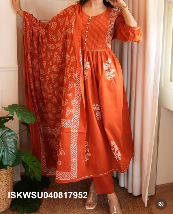 Embroidered Cotton Anarkali Kurti With Pant And Printed Dupatta-ISKWSU040817952
