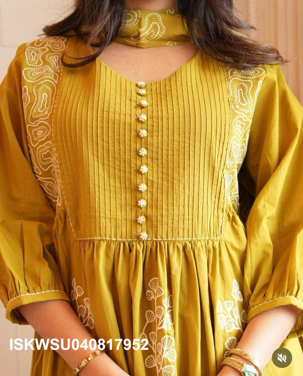 Embroidered Cotton Anarkali Kurti With Pant And Printed Dupatta-ISKWSU040817952