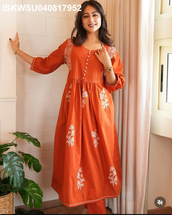 Embroidered Cotton Anarkali Kurti With Pant And Printed Dupatta-ISKWSU040817952