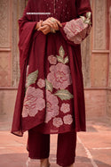 Embroidered Malmal Chanderi Kurti With Pant And Dupatta-ISKWSU05082450