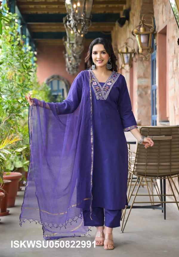 Embroidered Cotton Kurti With Pant And Kota Dupatta-ISKWSU050822991