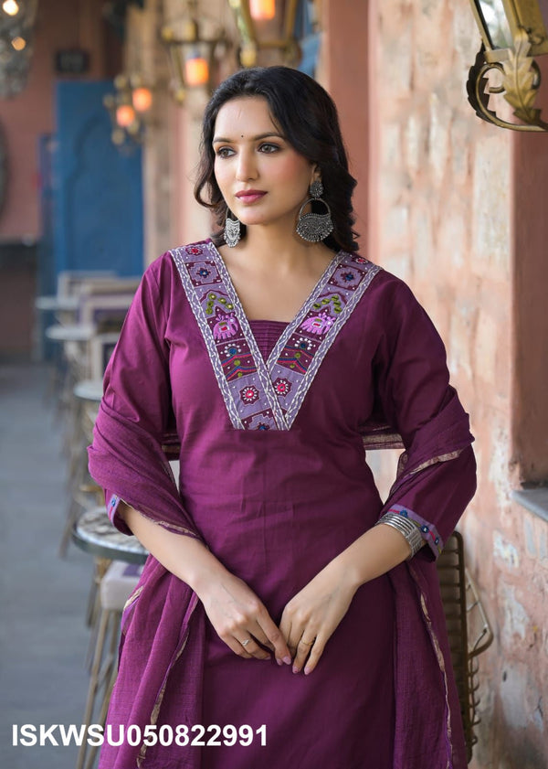 Embroidered Cotton Kurti With Pant And Kota Dupatta-ISKWSU050822991