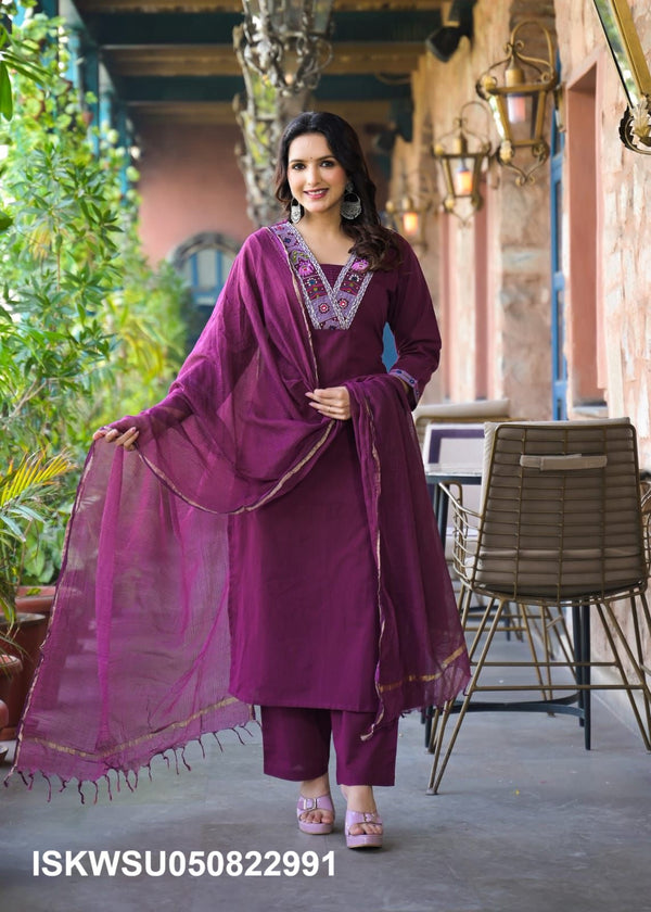 Embroidered Cotton Kurti With Pant And Kota Dupatta-ISKWSU050822991