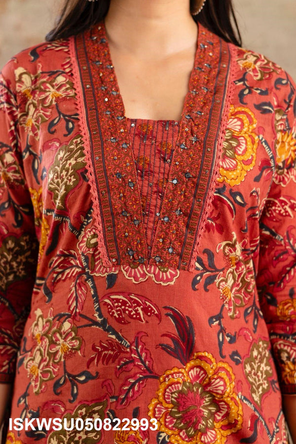 Printed Cotton Kurti With Pant And Dupatta-ISKWSU050822993