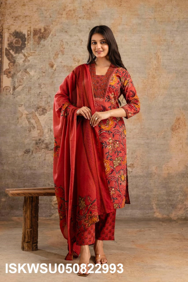 Printed Cotton Kurti With Pant And Dupatta-ISKWSU050822993