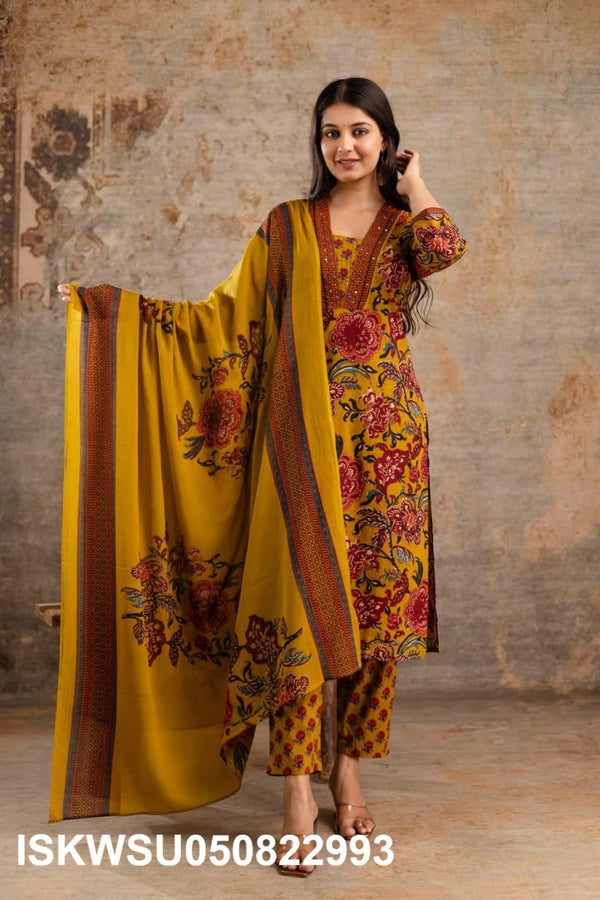 Printed Cotton Kurti With Pant And Dupatta-ISKWSU050822993