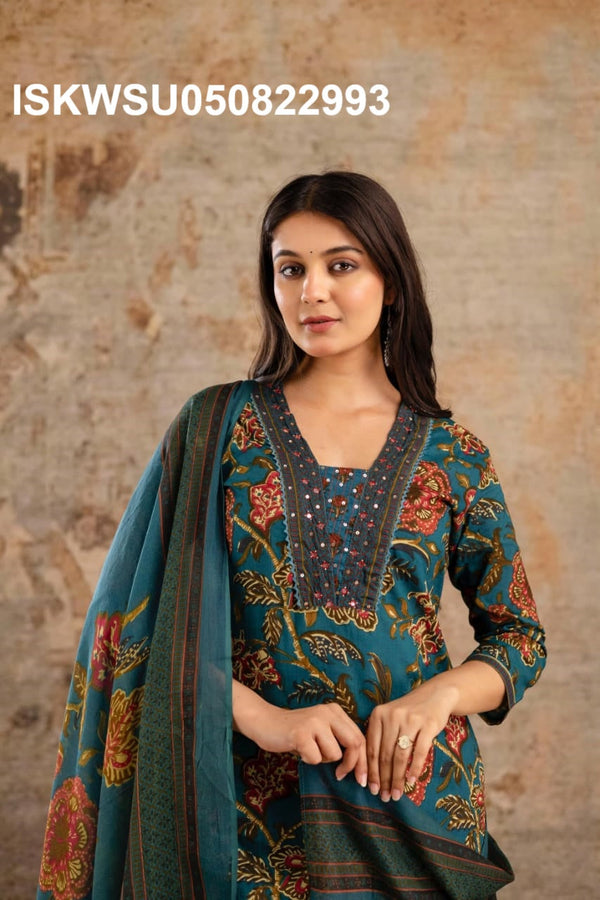 Printed Cotton Kurti With Pant And Dupatta-ISKWSU050822993