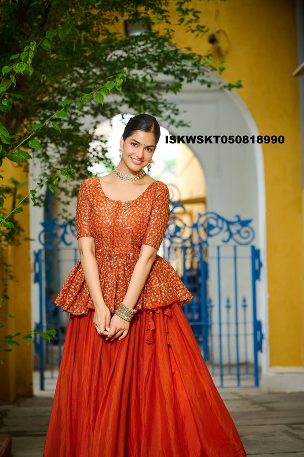 Sequined Silk Peplum Top With Skirt-ISKWSKT050818990