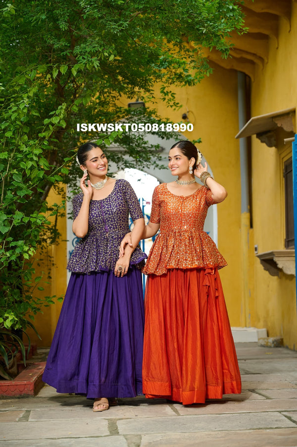 Sequined Silk Peplum Top With Skirt-ISKWSKT050818990