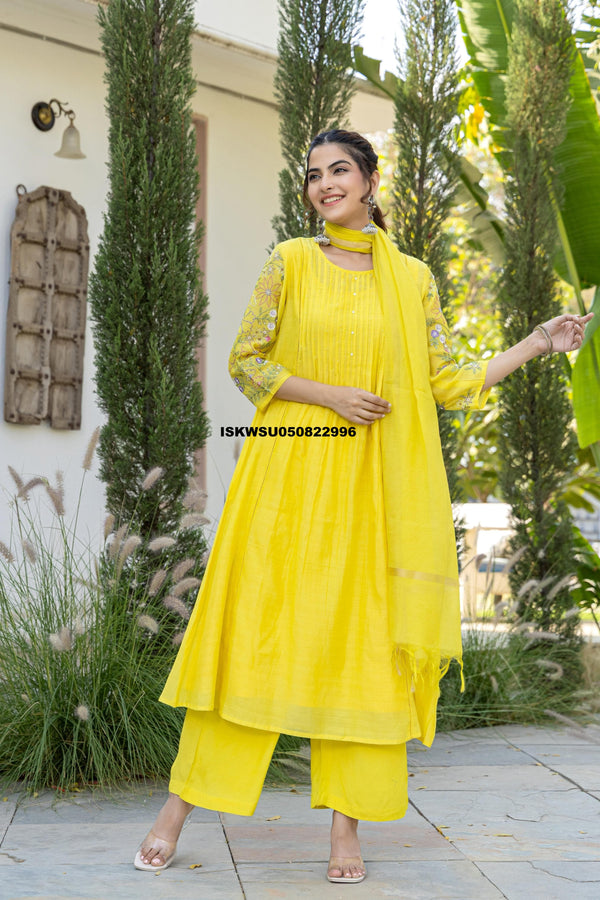 Embroidered Malmal Chanderi Kurti With Pant And Dupatta-ISKWSU050822996