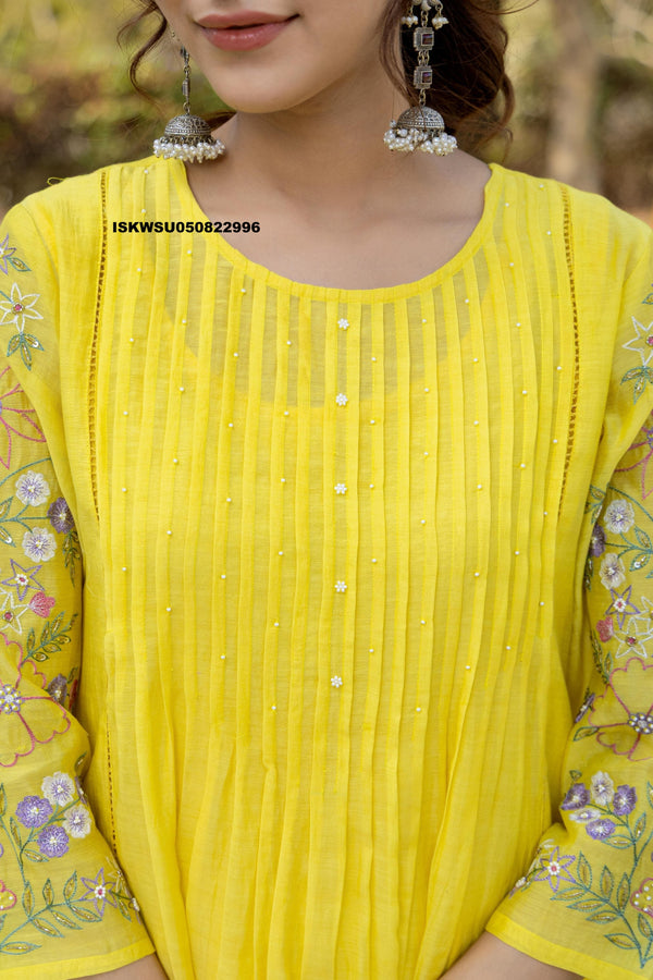 Embroidered Malmal Chanderi Kurti With Pant And Dupatta-ISKWSU050822996