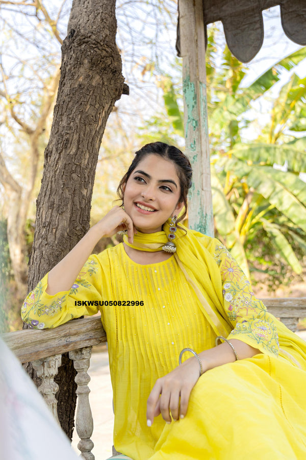 Embroidered Malmal Chanderi Kurti With Pant And Dupatta-ISKWSU050822996