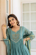 Embroidered Malmal Chanderi Kurti With Pant And Dupatta-ISKWSU050822997