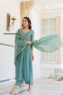 Embroidered Malmal Chanderi Kurti With Pant And Dupatta-ISKWSU050822997