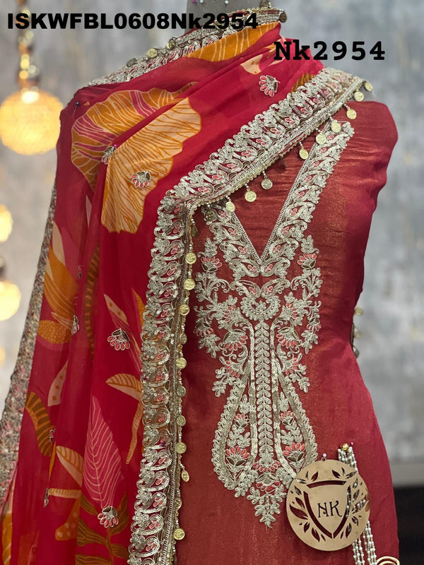 Embroidered Shimmer Tissue Kurti With Upada Silk Bottom And Digital Printed Organza Dupatta-ISKWFBL0608Nk2954