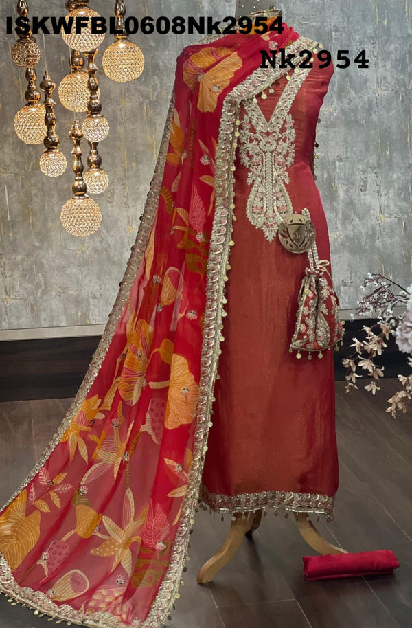 Embroidered Shimmer Tissue Kurti With Upada Silk Bottom And Digital Printed Organza Dupatta-ISKWFBL0608Nk2954