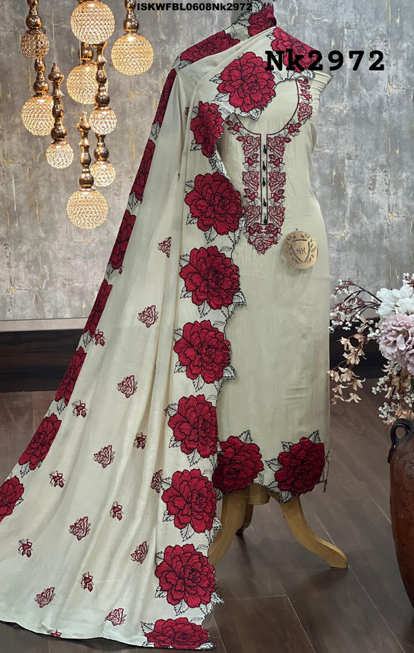 Embroidered Malmal Chanderi Kurti With Shantoon Bottom And Dupatta-ISKWFBL0608Nk2972