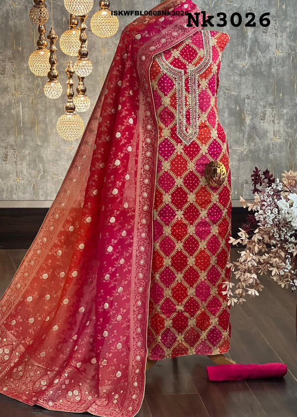 Bandhani Chinon Kurti With Upada Silk Bottom And Ombre Organza Dupatta-ISKWFBL0608Nk3026