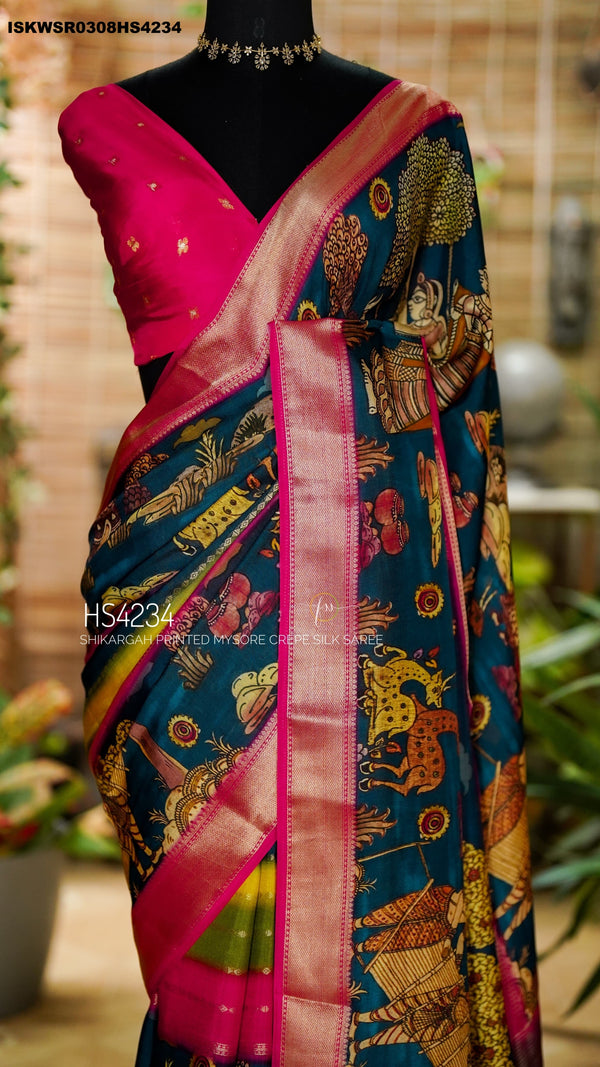 Kalamkari Printed Mysore Crepe Silk Saree With Contrast Blouse-ISKWSR0308HS4234