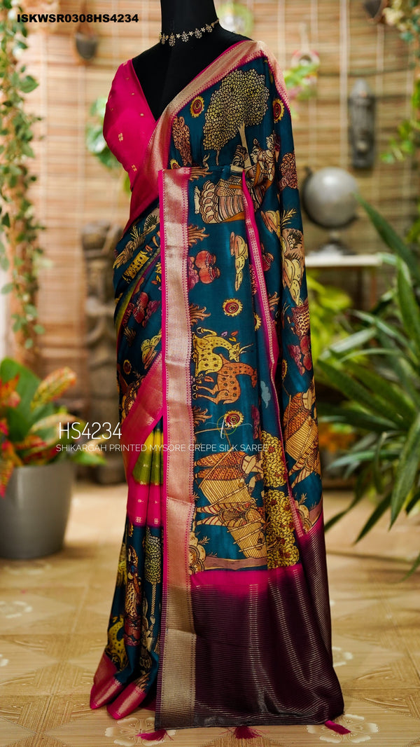 Kalamkari Printed Mysore Crepe Silk Saree With Contrast Blouse-ISKWSR0308HS4234