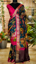 Kalamkari Printed Mysore Crepe Silk Saree With Contrast Blouse-ISKWSR0308HS4234