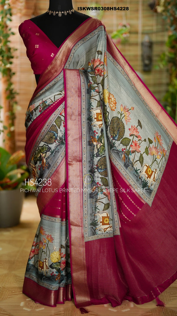 Pichwai Digital Printed Mysore Crepe Silk Saree With Blouse-ISKWSR0308HS4228