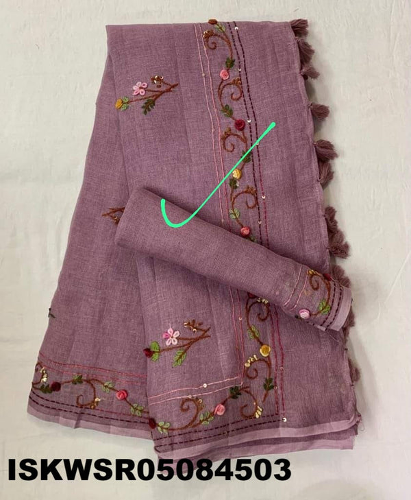 Embroidered Linen Saree With Blouse-ISKWSR05084503