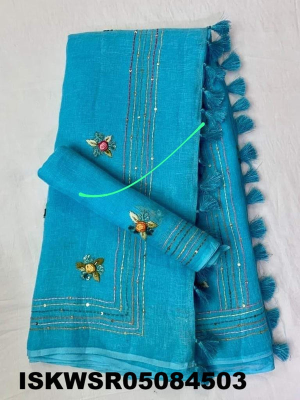 Embroidered Linen Saree With Blouse-ISKWSR05084503