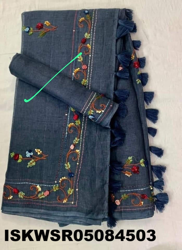 Embroidered Linen Saree With Blouse-ISKWSR05084503