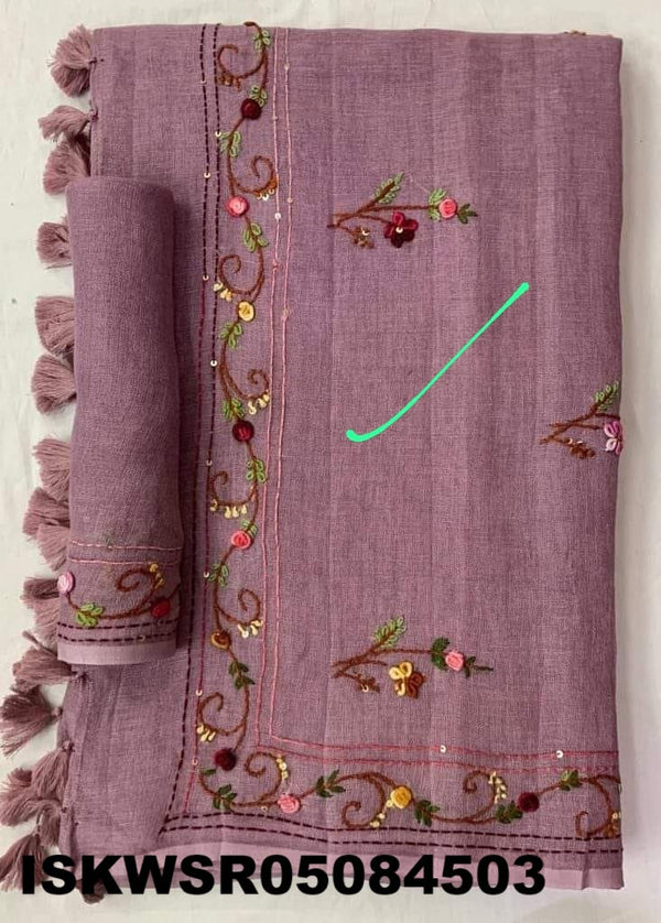 Embroidered Linen Saree With Blouse-ISKWSR05084503