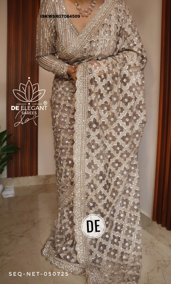 Sequined Net Saree With Ready To Wear Blouse-ISKWSR07084509