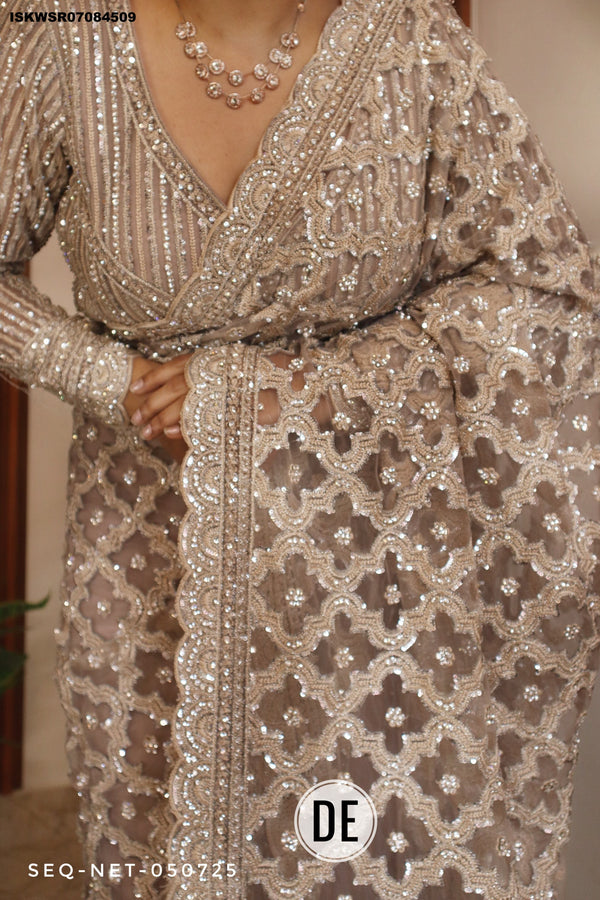 Sequined Net Saree With Ready To Wear Blouse-ISKWSR07084509