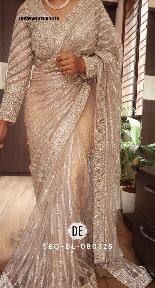 Sequined Net Saree With Ready To Wear Blouse-ISKWSR07084510