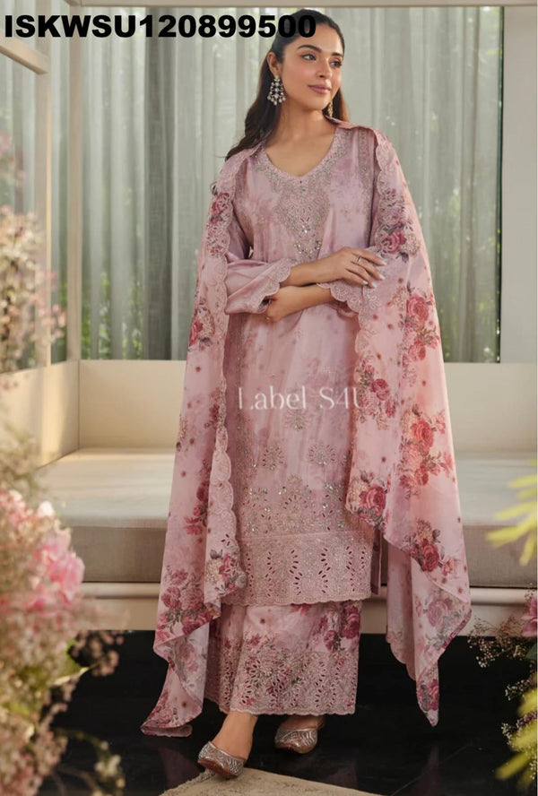 Embroidered Silk Kurti With Palazzo And Printed Dupatta-ISKWSU130899500