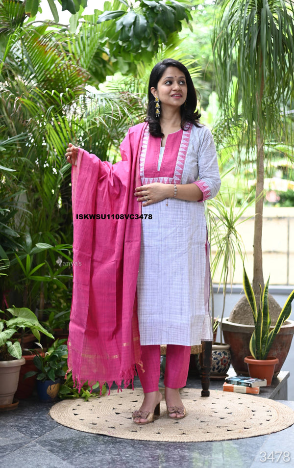 Handloom Cotton Kurti With Pant And Dupatta-ISKWSU1108VC3478