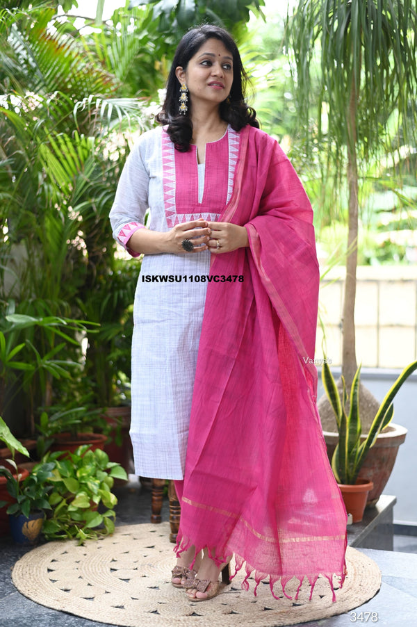 Handloom Cotton Kurti With Pant And Dupatta-ISKWSU1108VC3478