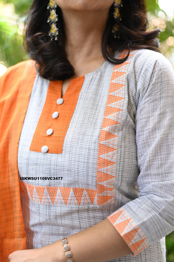 Handloom Cotton Kurti With Pant And Dupatta-ISKWSU1108VC3477