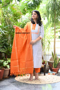 Handloom Cotton Kurti With Pant And Dupatta-ISKWSU1108VC3477