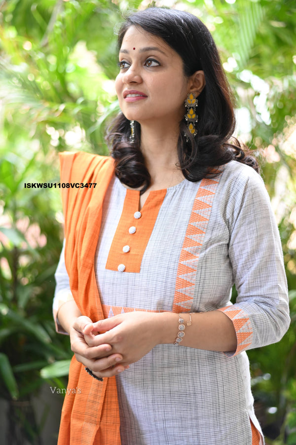 Handloom Cotton Kurti With Pant And Dupatta-ISKWSU1108VC3477